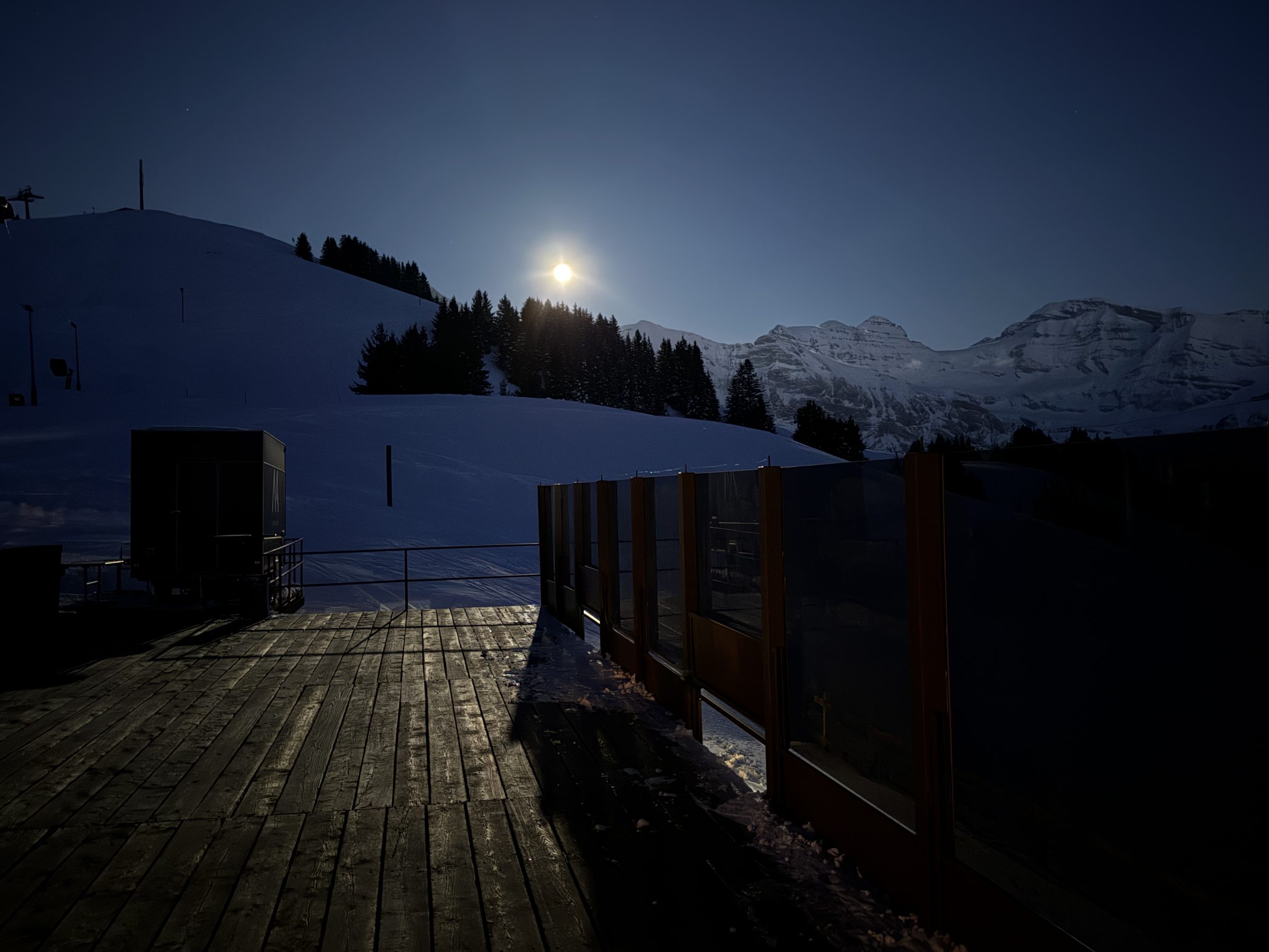 Full moon over the Dents Blanches from the terrace of Le Chaudron